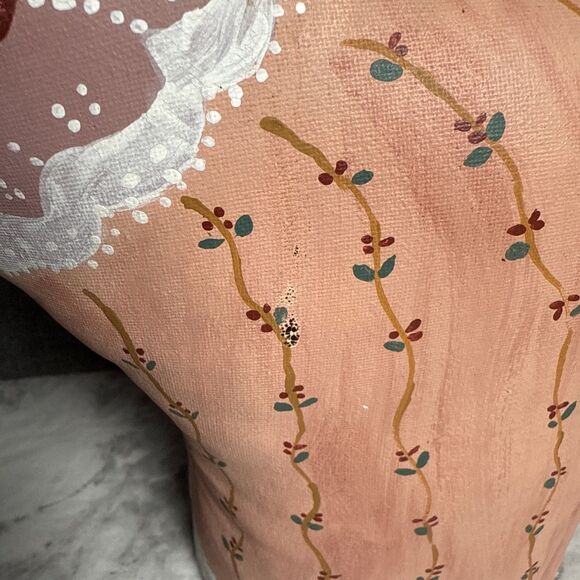 Hand Painted Oil Cloth Canvas Floral Cat Signed Folk Art Figure 10.5" Stuffed - Picture 4 of 7